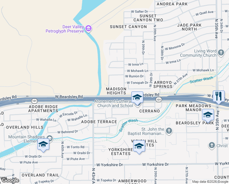 map of restaurants, bars, coffee shops, grocery stores, and more near 4121 West Yukon Drive in Glendale