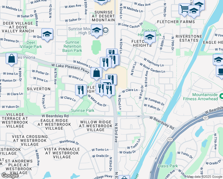 map of restaurants, bars, coffee shops, grocery stores, and more near 8278 West Lake Pleasant Parkway in Peoria