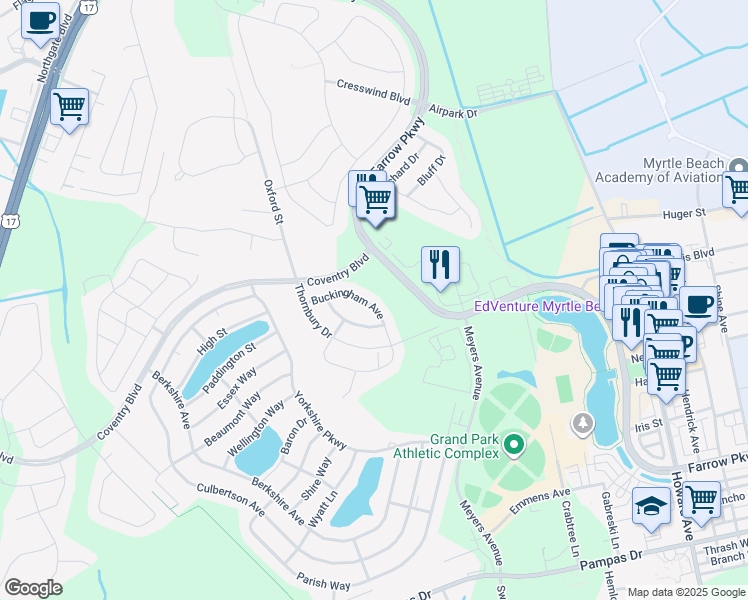 map of restaurants, bars, coffee shops, grocery stores, and more near 1598 Buckingham Avenue in Myrtle Beach