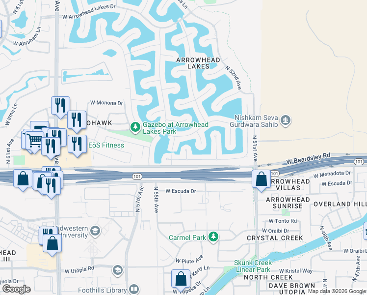 map of restaurants, bars, coffee shops, grocery stores, and more near 20381 North 54th Avenue in Glendale