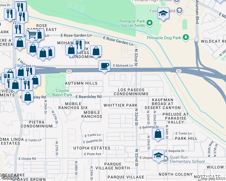 map of restaurants, bars, coffee shops, grocery stores, and more near 3030 East Pontiac Drive in Phoenix
