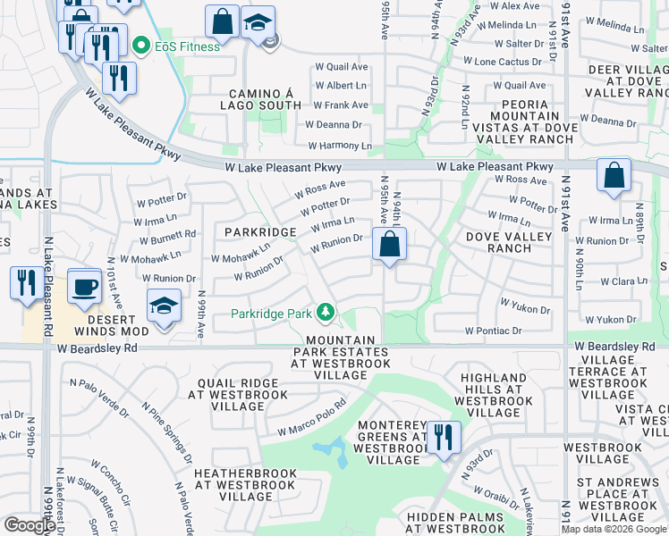 map of restaurants, bars, coffee shops, grocery stores, and more near 9619 West Mary Ann Drive in Peoria