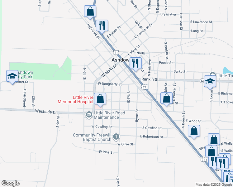 map of restaurants, bars, coffee shops, grocery stores, and more near 231 West Richmond Street in Ashdown