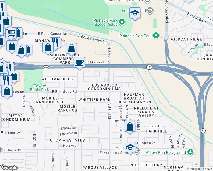 map of restaurants, bars, coffee shops, grocery stores, and more near 3150 East Beardsley Road in Phoenix