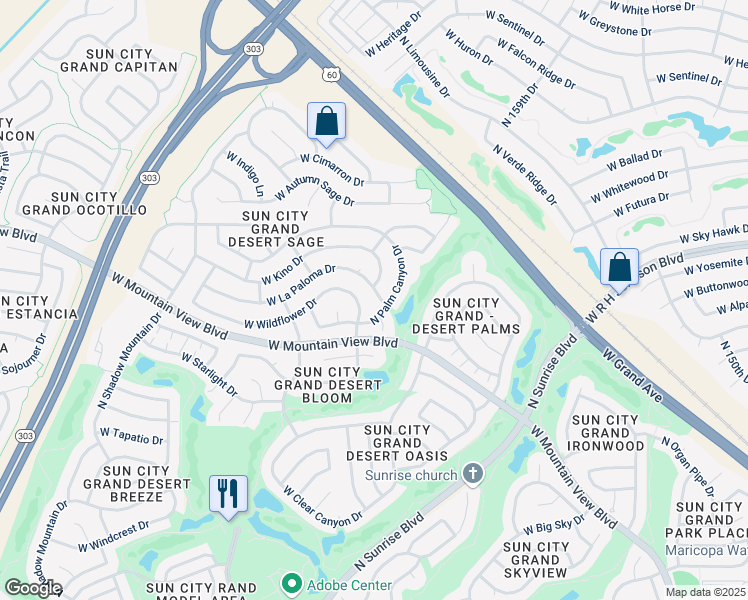 map of restaurants, bars, coffee shops, grocery stores, and more near 15751 West La Paloma Drive in Surprise