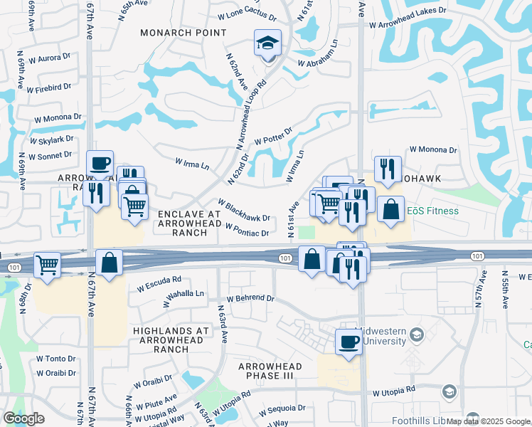 map of restaurants, bars, coffee shops, grocery stores, and more near 6168 West Blackhawk Drive in Glendale