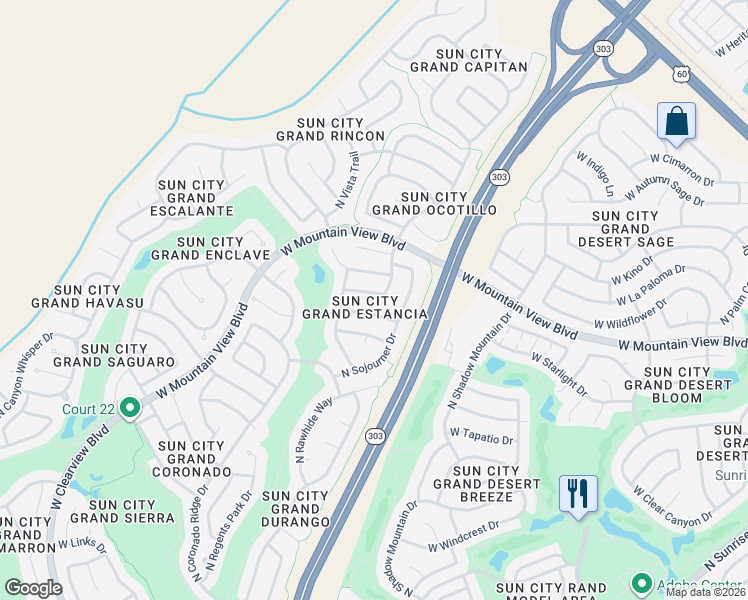map of restaurants, bars, coffee shops, grocery stores, and more near 16547 West Torrance Lane in Surprise