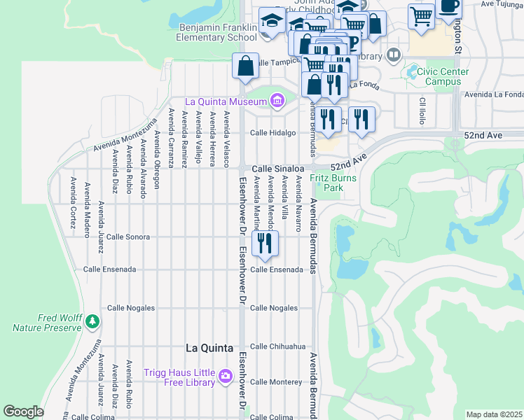 map of restaurants, bars, coffee shops, grocery stores, and more near 52030 Avenue Martinez in La Quinta