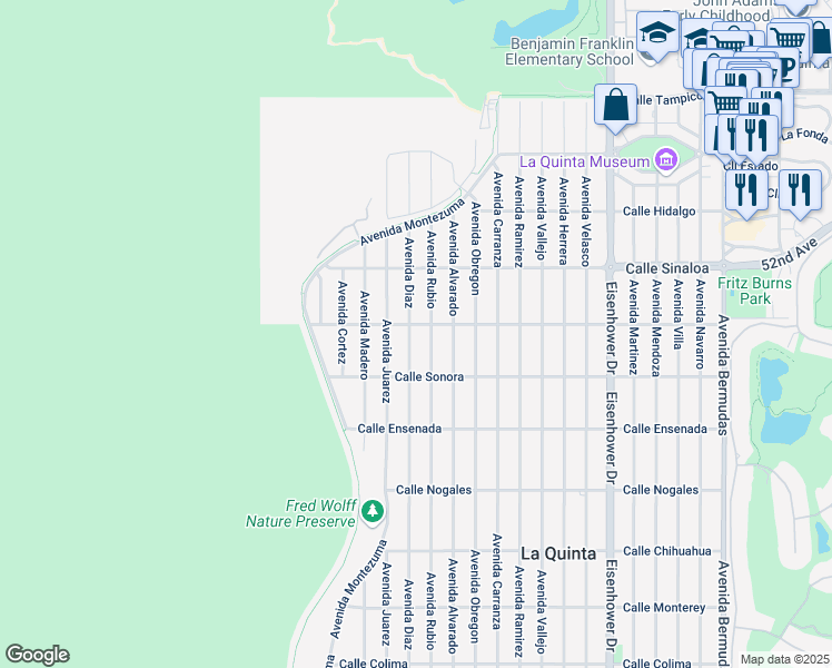 map of restaurants, bars, coffee shops, grocery stores, and more near 52015 Avenida Diaz in La Quinta