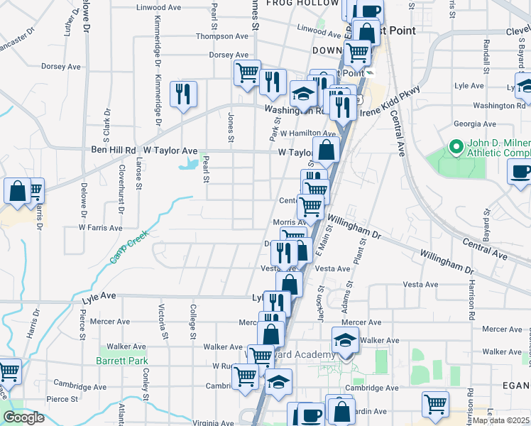map of restaurants, bars, coffee shops, grocery stores, and more near 3117 Church St in Atlanta