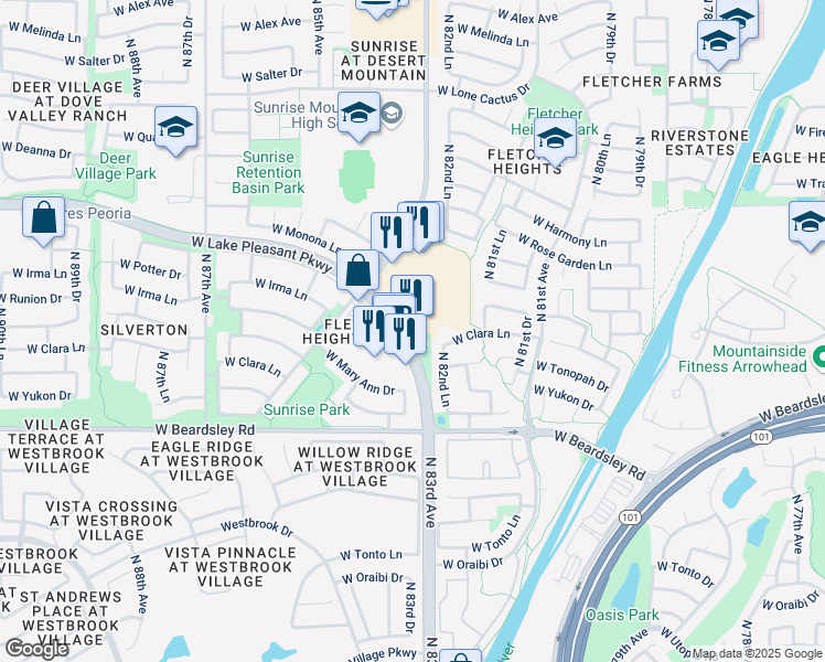 map of restaurants, bars, coffee shops, grocery stores, and more near 8278 West Lake Pleasant Parkway in Peoria