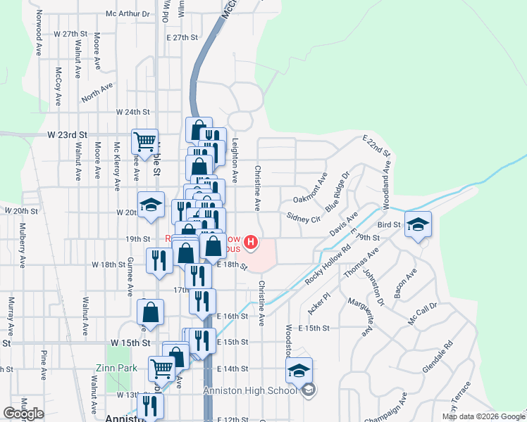 map of restaurants, bars, coffee shops, grocery stores, and more near 2001 Christine Avenue in Anniston