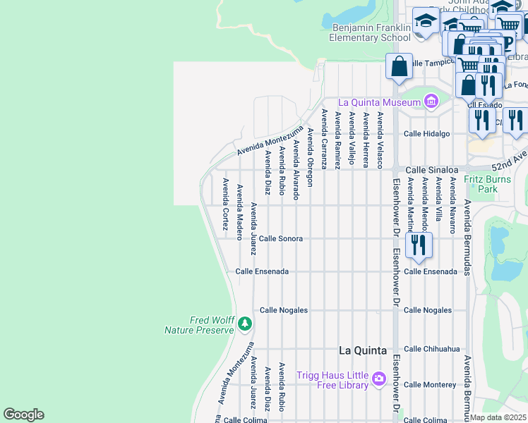 map of restaurants, bars, coffee shops, grocery stores, and more near 52015 Avenida Diaz in La Quinta