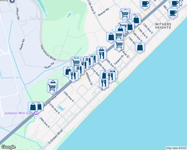 map of restaurants, bars, coffee shops, grocery stores, and more near 107 Rosemary Street in Myrtle Beach