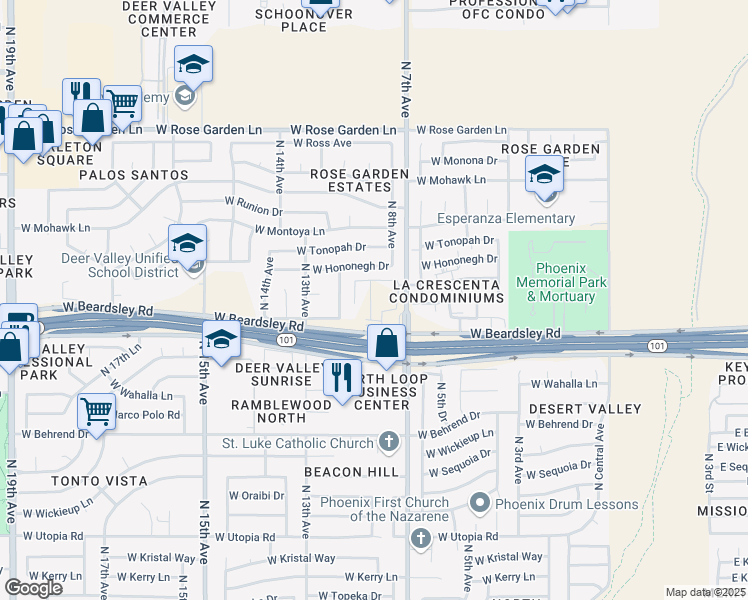 map of restaurants, bars, coffee shops, grocery stores, and more near 20229 N 10th Ave in Phoenix