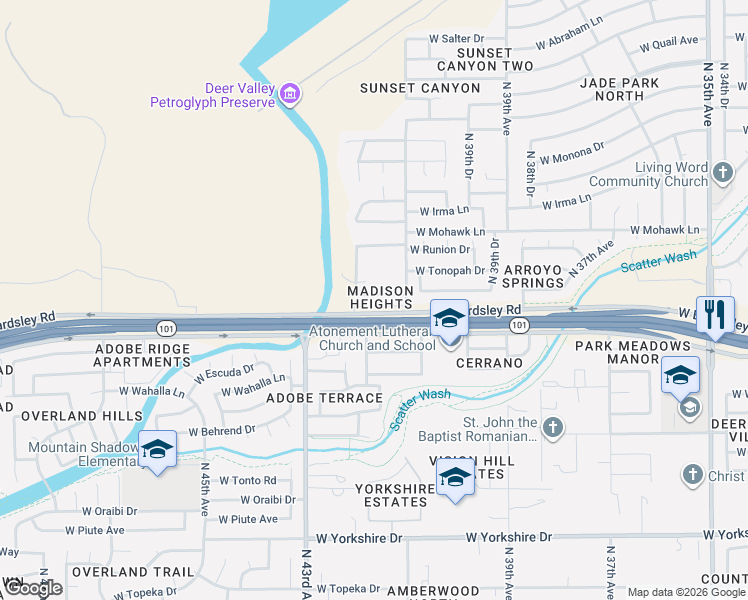 map of restaurants, bars, coffee shops, grocery stores, and more near 4121 West Yukon Drive in Glendale