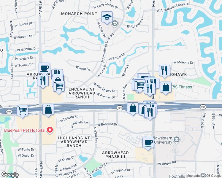 map of restaurants, bars, coffee shops, grocery stores, and more near 6168 West Blackhawk Drive in Glendale