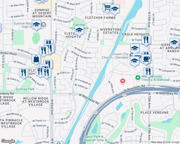 map of restaurants, bars, coffee shops, grocery stores, and more near 8027 West Maryann Drive in Peoria