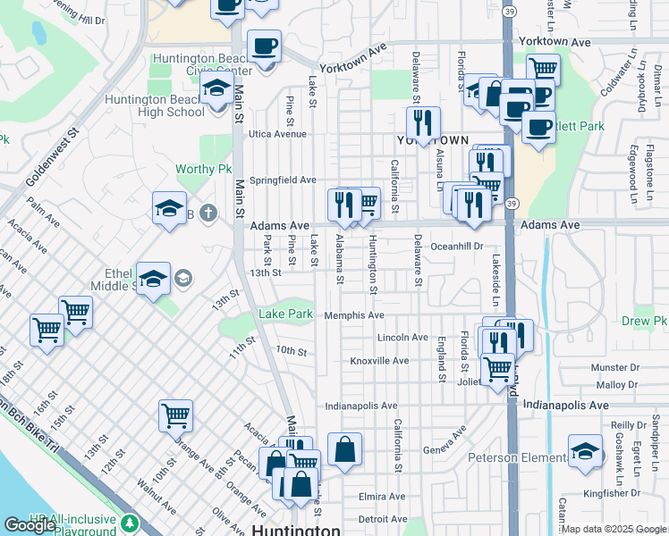 map of restaurants, bars, coffee shops, grocery stores, and more near 1102 Lake Street in Huntington Beach