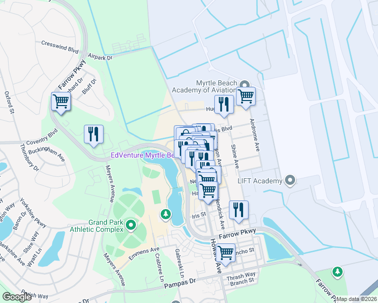 map of restaurants, bars, coffee shops, grocery stores, and more near 3332 Reed Street in Myrtle Beach