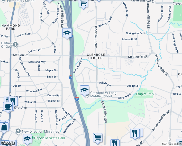 map of restaurants, bars, coffee shops, grocery stores, and more near 3086 Lone Oak Avenue Southwest in Atlanta