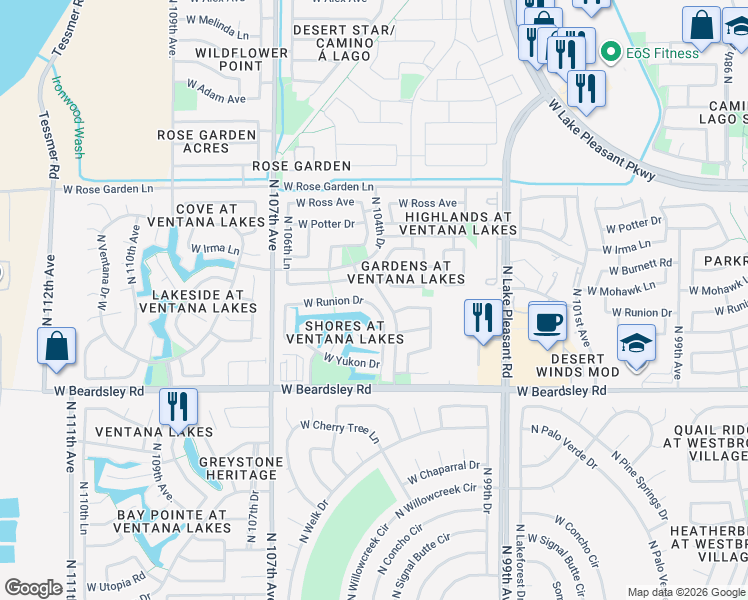 map of restaurants, bars, coffee shops, grocery stores, and more near 20479 North 105th Avenue in Peoria