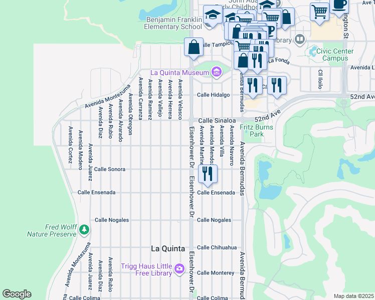 map of restaurants, bars, coffee shops, grocery stores, and more near 52045 Eisenhower Drive in La Quinta