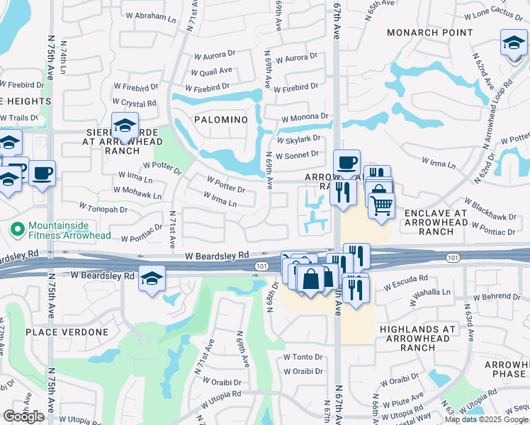 map of restaurants, bars, coffee shops, grocery stores, and more near 20312 North 69th Avenue in Glendale