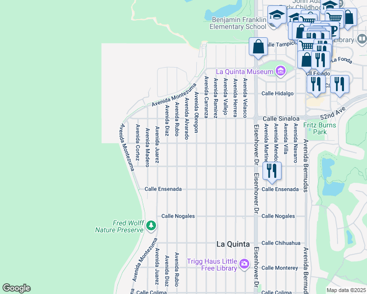 map of restaurants, bars, coffee shops, grocery stores, and more near 52045 Avenue Alvarado in La Quinta