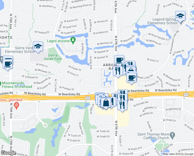 map of restaurants, bars, coffee shops, grocery stores, and more near 6853 West Irma Lane in Glendale