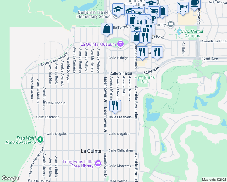 map of restaurants, bars, coffee shops, grocery stores, and more near 52030 Avenue Martinez in La Quinta