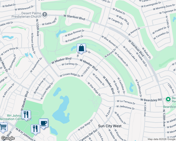 map of restaurants, bars, coffee shops, grocery stores, and more near 20429 North 133rd Drive in Sun City West