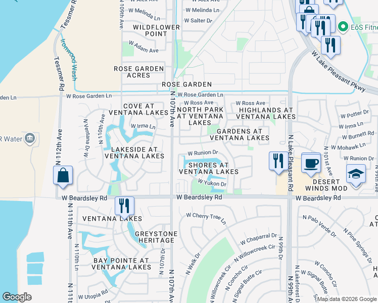 map of restaurants, bars, coffee shops, grocery stores, and more near 10628 West Runion Drive in Peoria