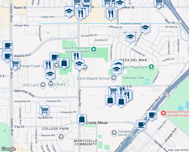 map of restaurants, bars, coffee shops, grocery stores, and more near 2650 Fairview Road in Costa Mesa