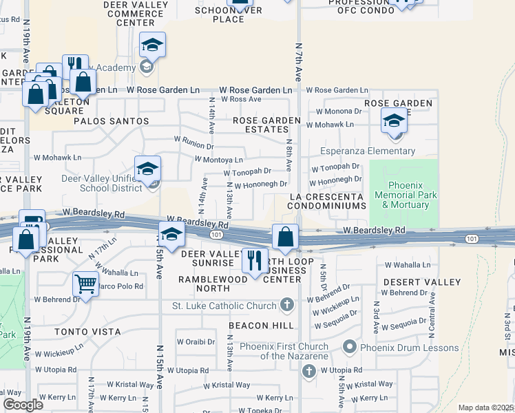 map of restaurants, bars, coffee shops, grocery stores, and more near 20229 North 10th Avenue in Phoenix