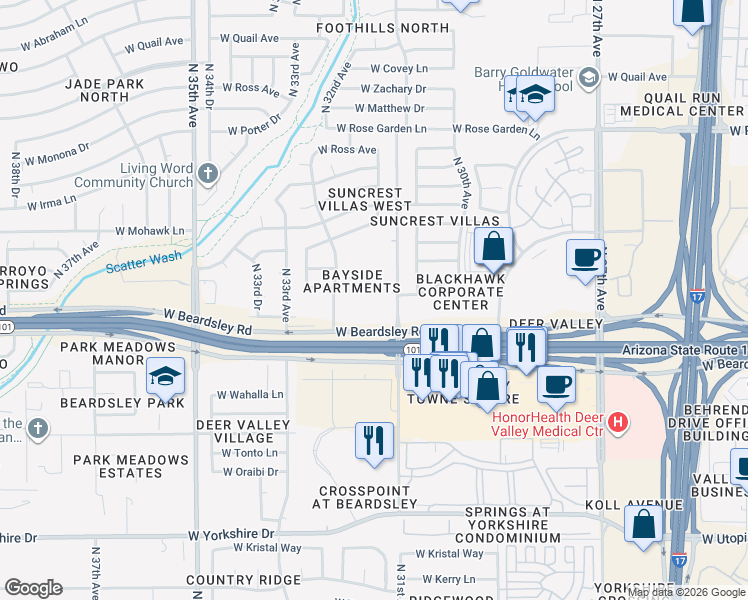 map of restaurants, bars, coffee shops, grocery stores, and more near 20244 North 31st Avenue in Phoenix