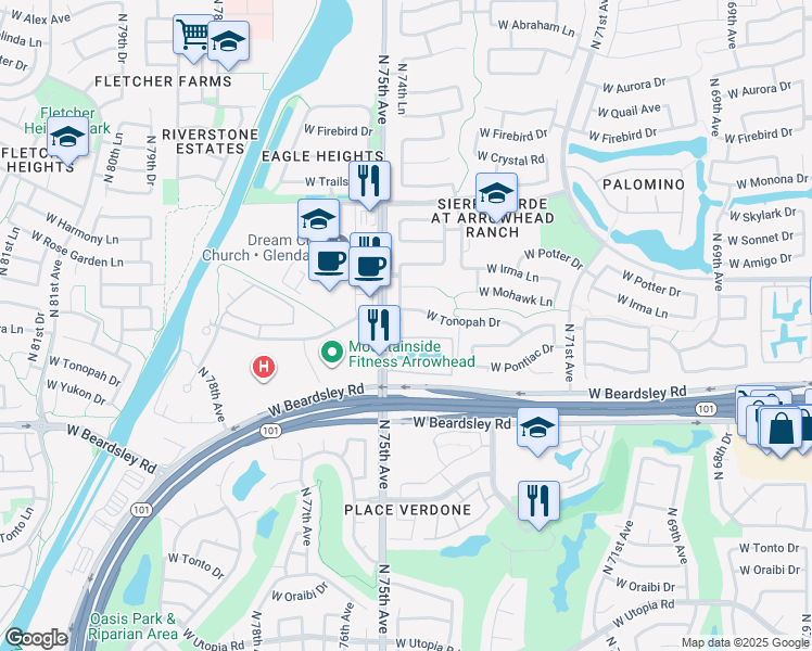 map of restaurants, bars, coffee shops, grocery stores, and more near 20387 N 74th Ln in Glendale