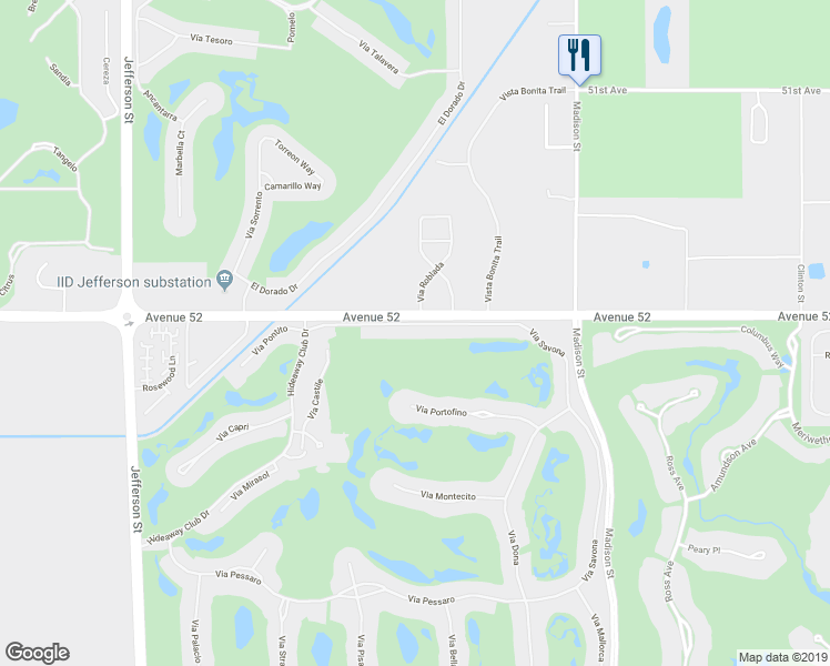 map of restaurants, bars, coffee shops, grocery stores, and more near 80633 Via Savona in La Quinta