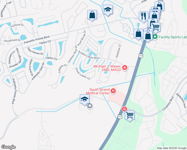 map of restaurants, bars, coffee shops, grocery stores, and more near 1066 Great Lakes Circle in Myrtle Beach