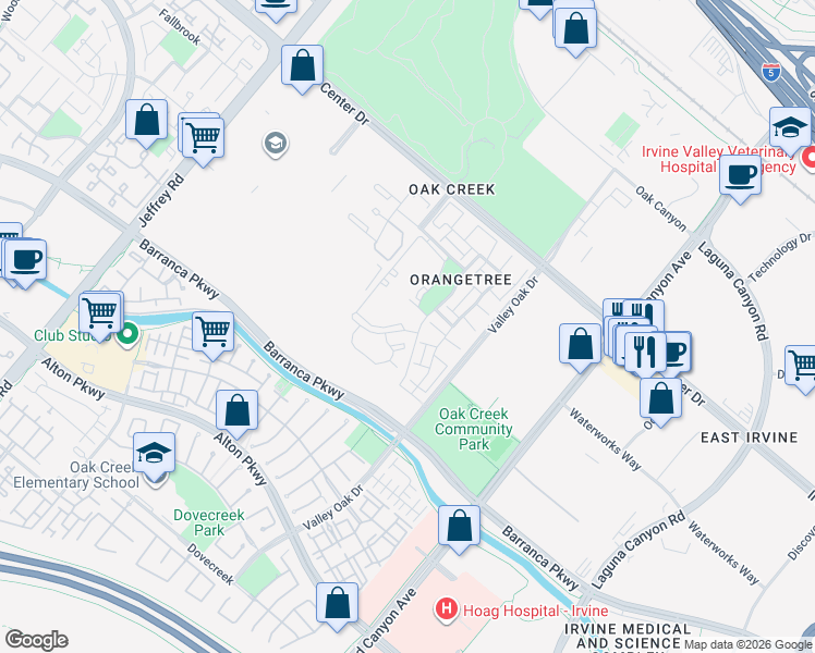 map of restaurants, bars, coffee shops, grocery stores, and more near 41 Tangelo in Irvine