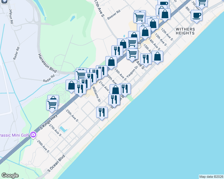map of restaurants, bars, coffee shops, grocery stores, and more near 2010 Yaupon Drive in Myrtle Beach