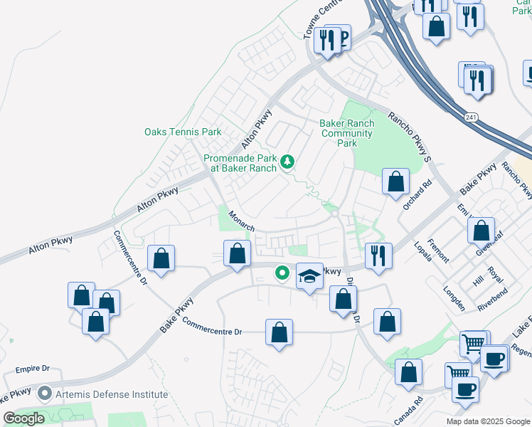 map of restaurants, bars, coffee shops, grocery stores, and more near 46 Caspian in Lake Forest