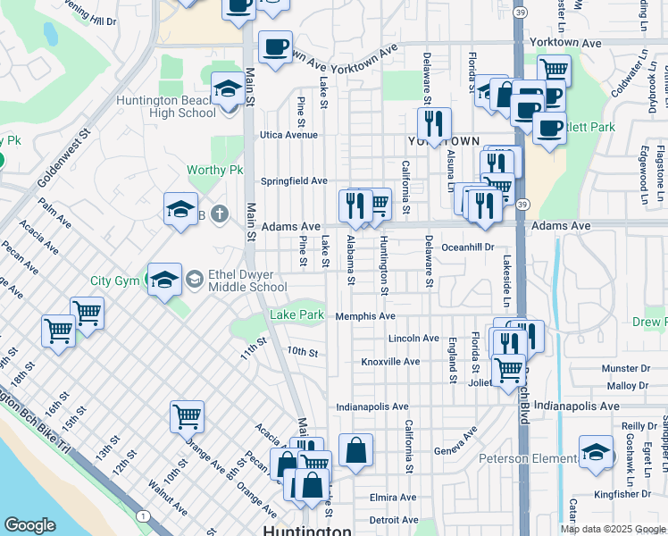 map of restaurants, bars, coffee shops, grocery stores, and more near 1102 Lake Street in Huntington Beach