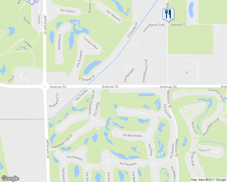map of restaurants, bars, coffee shops, grocery stores, and more near 80549 Via Savona in La Quinta