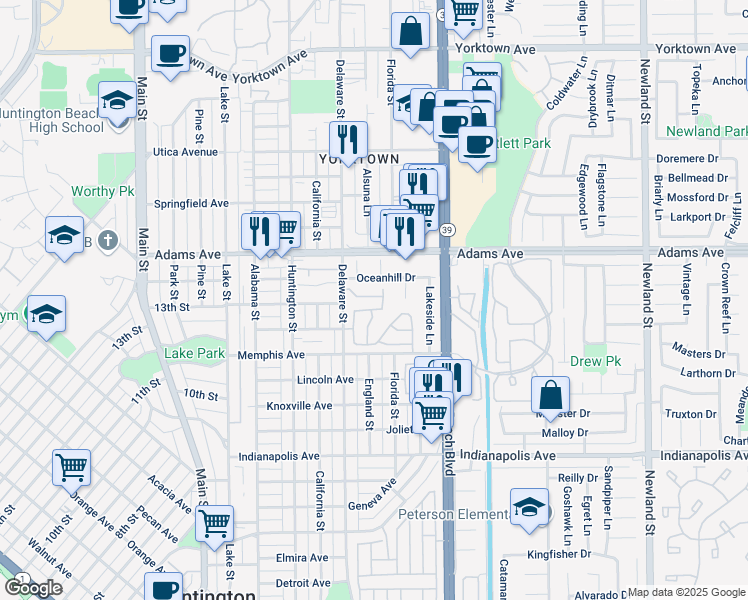map of restaurants, bars, coffee shops, grocery stores, and more near 608 Amber Drive in Huntington Beach