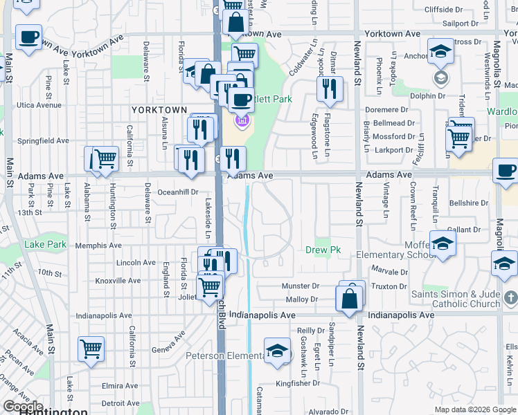 map of restaurants, bars, coffee shops, grocery stores, and more near 20122 Bayfront Lane in Huntington Beach