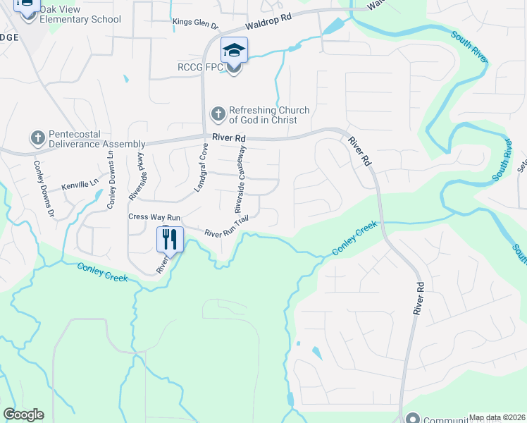 map of restaurants, bars, coffee shops, grocery stores, and more near 3400 River Run Trail in Decatur