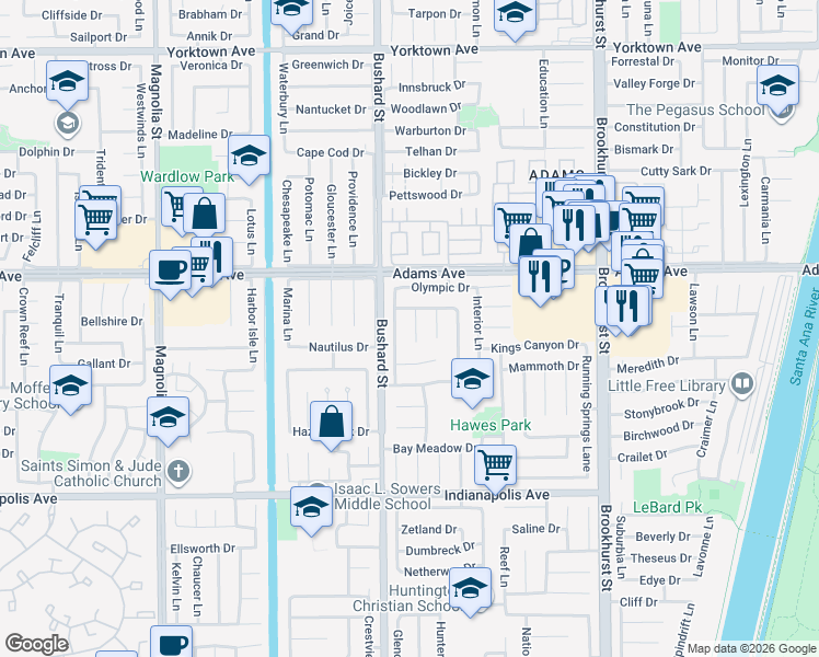 map of restaurants, bars, coffee shops, grocery stores, and more near 20121 Crater Circle in Huntington Beach