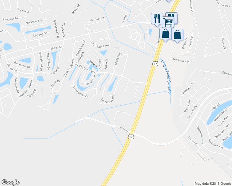 map of restaurants, bars, coffee shops, grocery stores, and more near 143 Cold Water Circle in Myrtle Beach