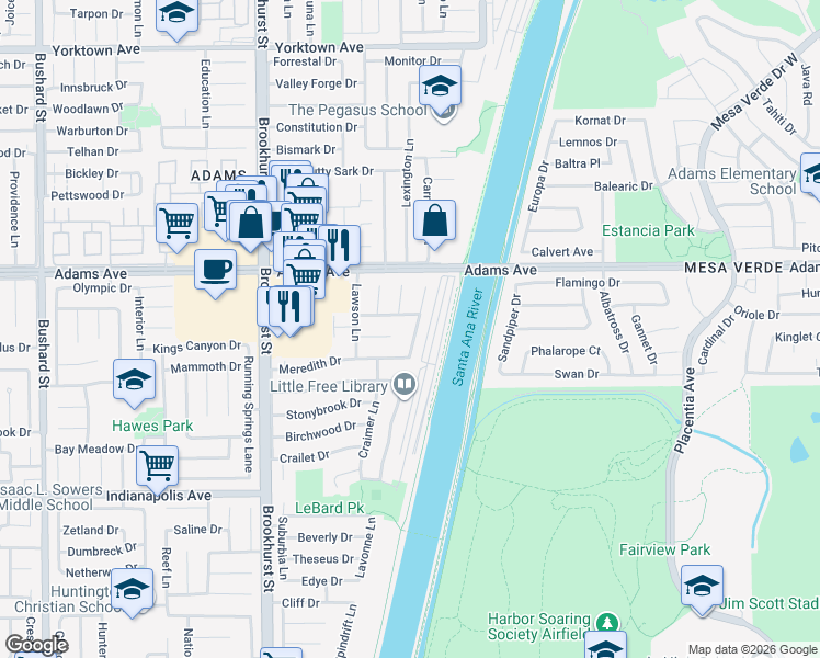 map of restaurants, bars, coffee shops, grocery stores, and more near 20131 Midland Lane in Huntington Beach